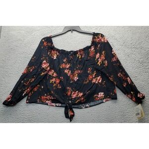Rewind Blouse Women's XL Multi Rayon Floral Off The Shoulder Tie Button Knot Hem